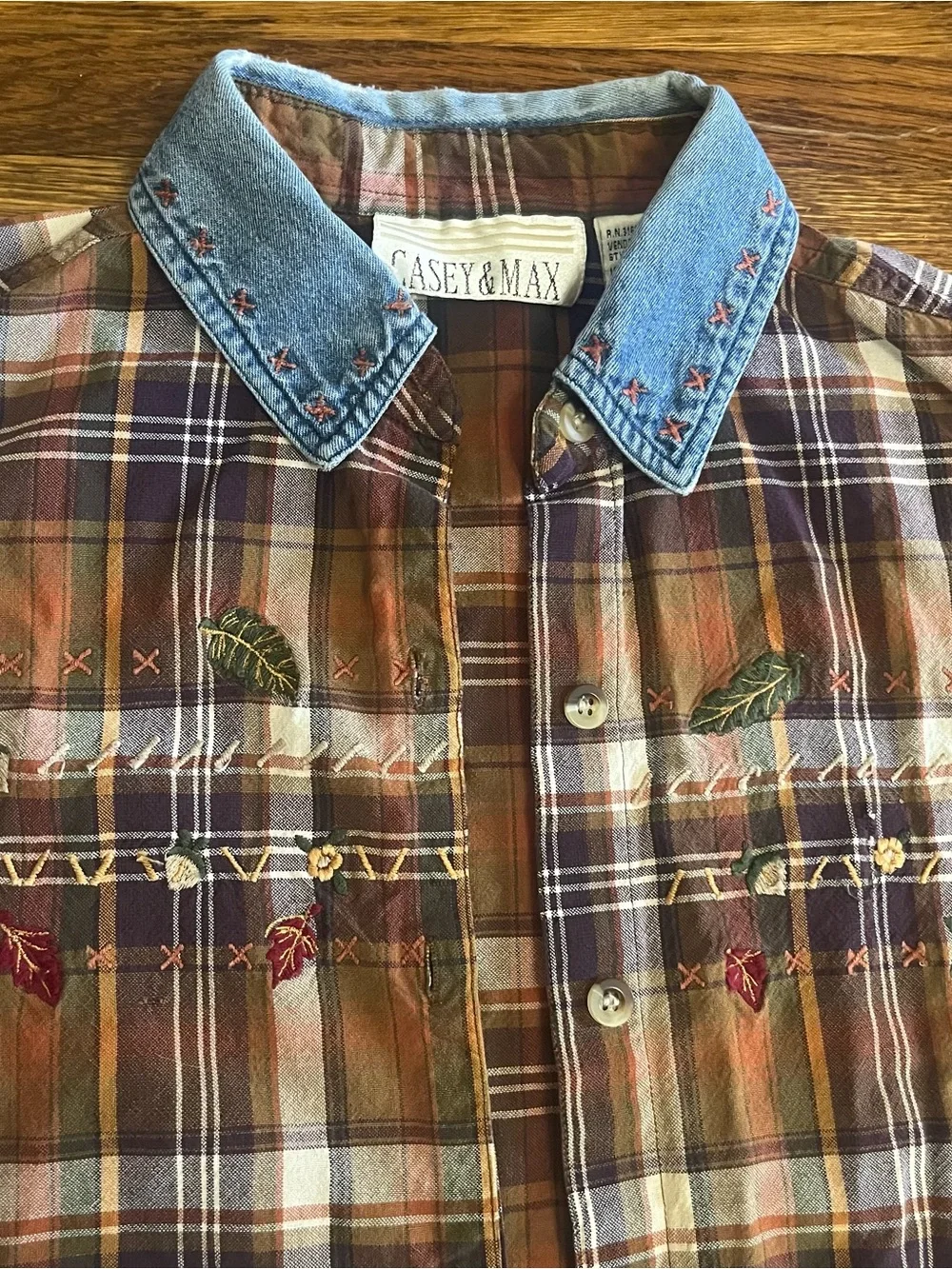 Y2k plaid denim button up shirt Fall western embroidered M S country